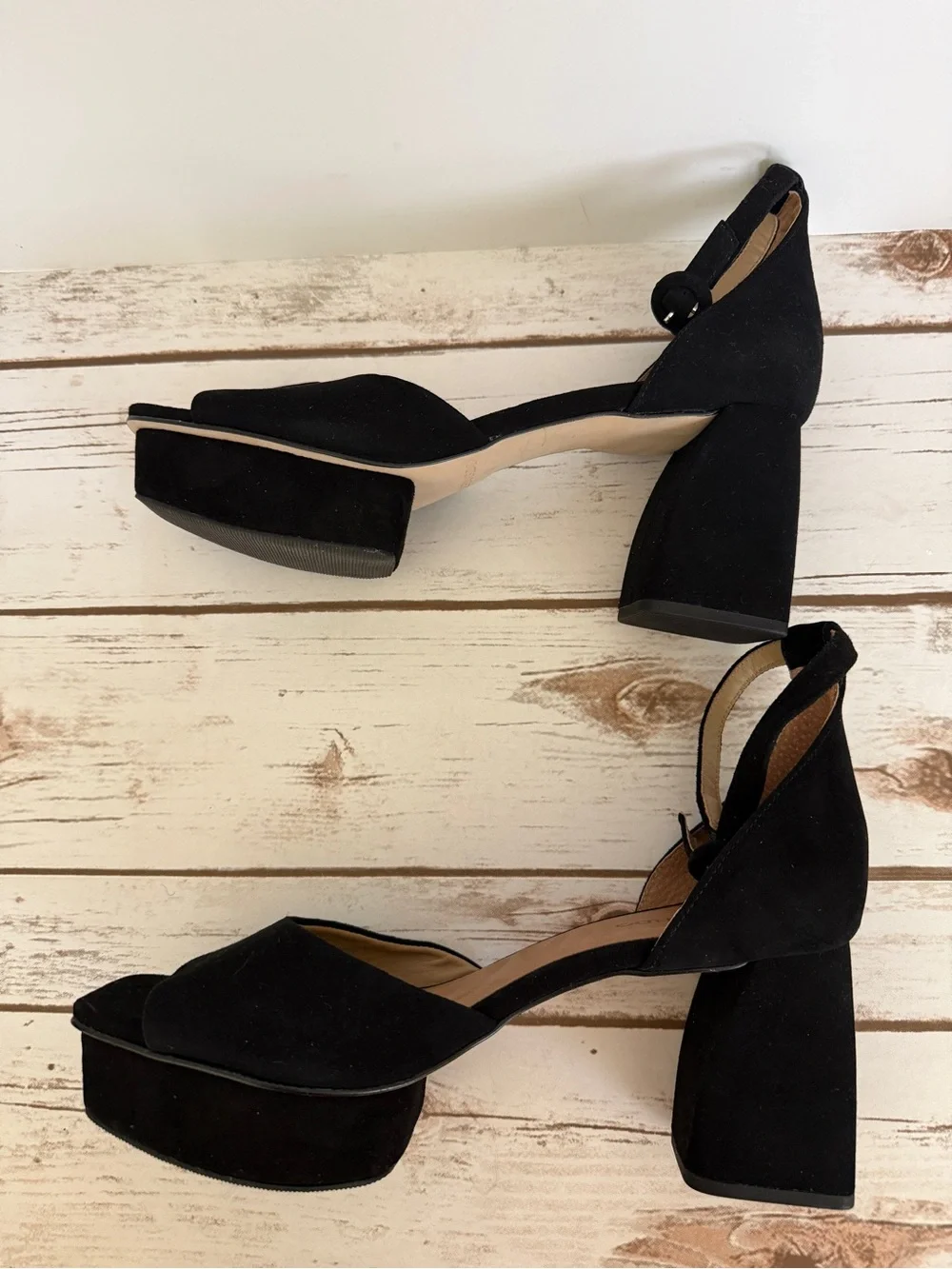 Bernardo Raleigh  Black Suede Platform Block Heel Ankle Strap Sandal